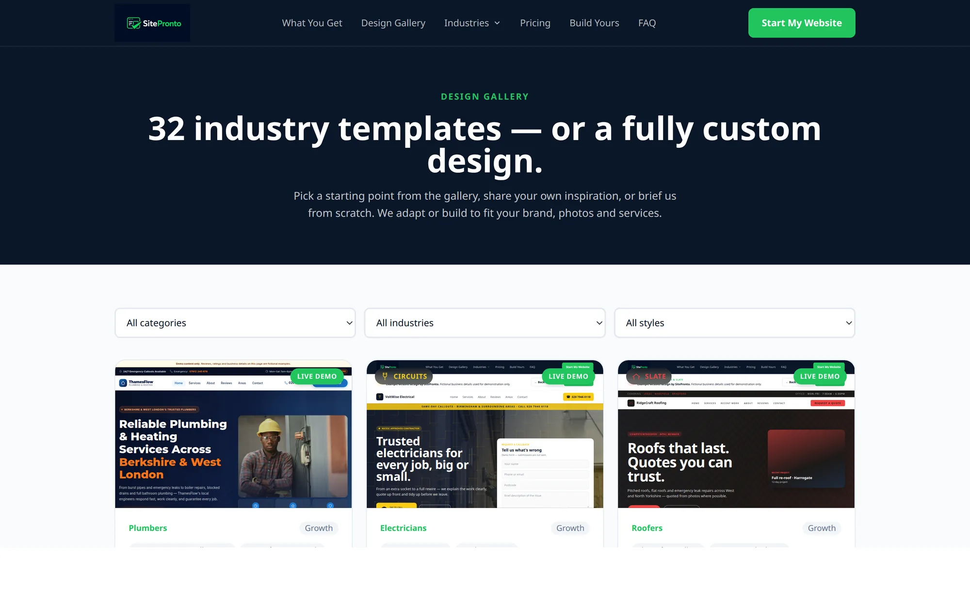 Snapshot of the SitePronto design gallery showing industry website templates